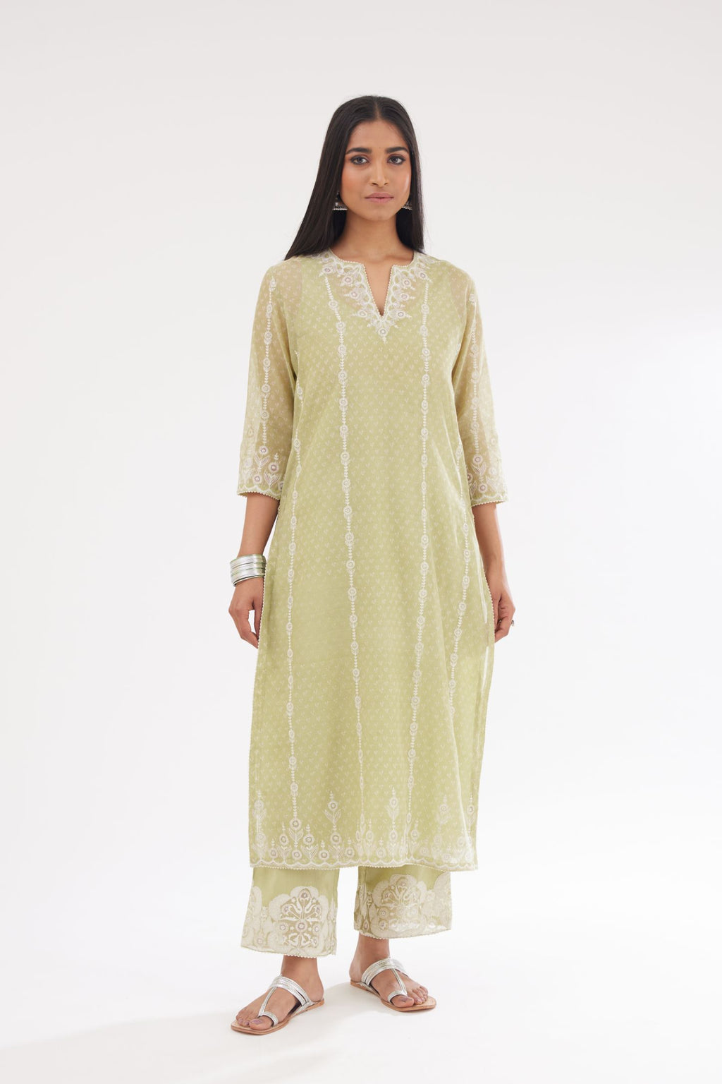 Green cotton chanderi hand block printed kurta set with dori and silk thread chhari - stripes, all over and heavier butas at hem.
