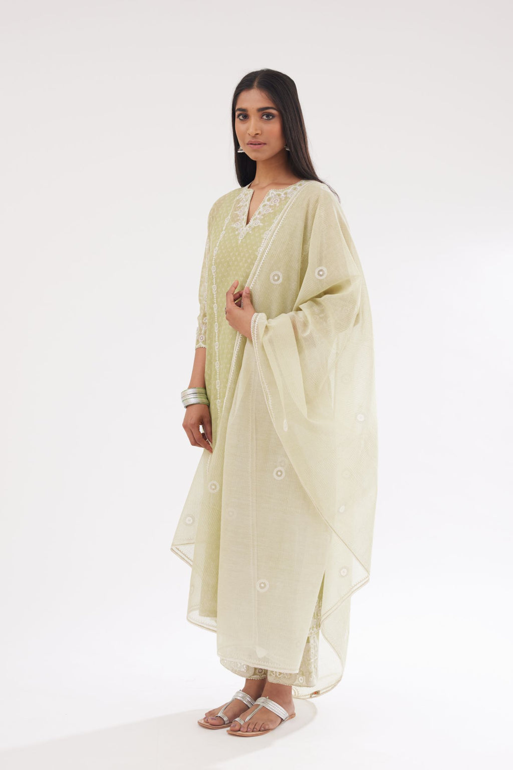 Green cotton chanderi Dupatta with all-over hand block print and small embroidered butis.