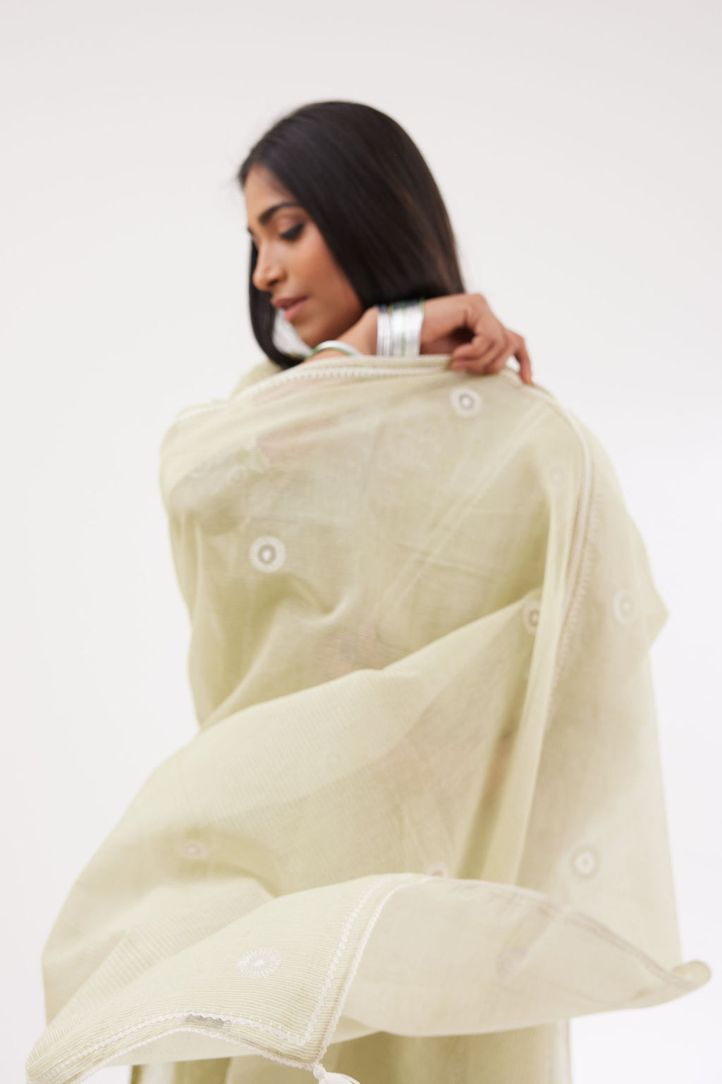 Green cotton chanderi Dupatta with all-over hand block print and small embroidered butis.