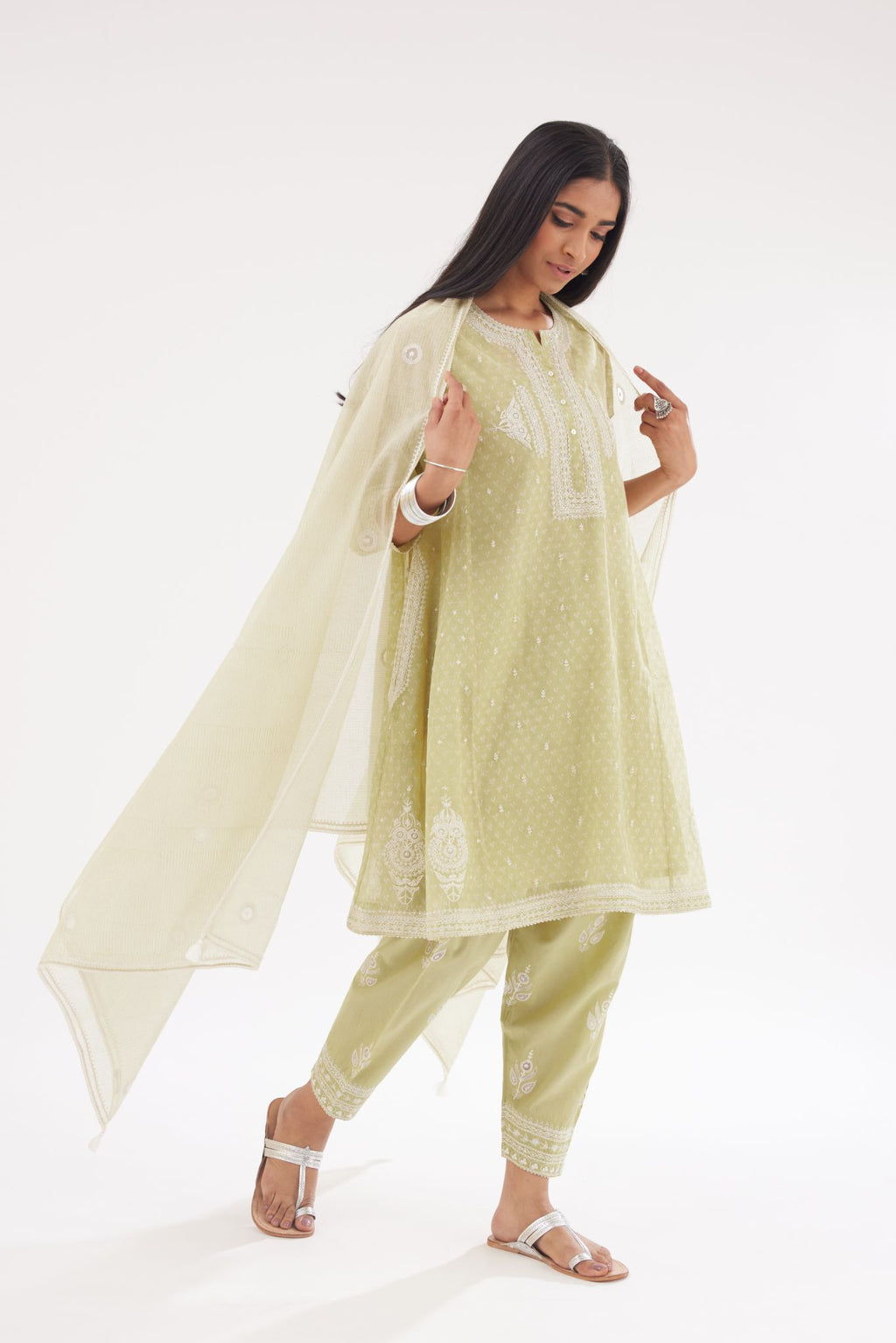 Green cotton chanderi Dupatta with all-over hand block print and small embroidered butis.