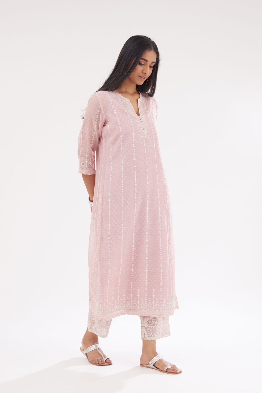 Pink hand block printed cotton chanderi straight kurta set with all over dori and silk thread embroidery.
