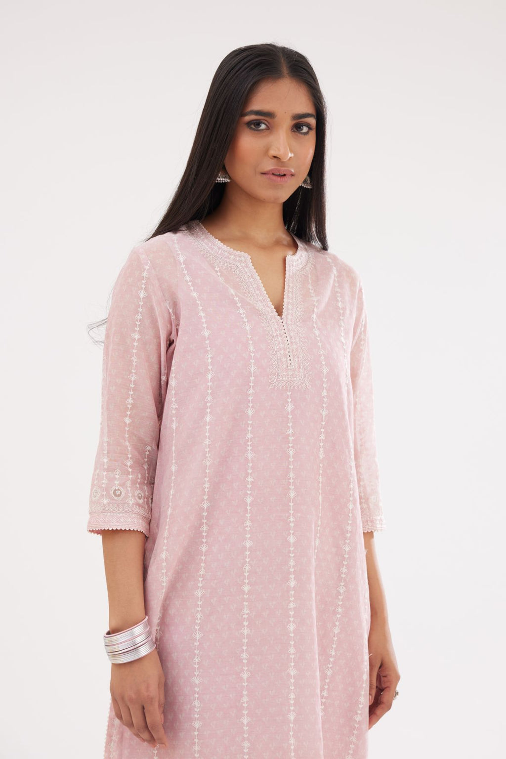Pink hand block printed cotton chanderi straight kurta set with all over dori and silk thread embroidery.