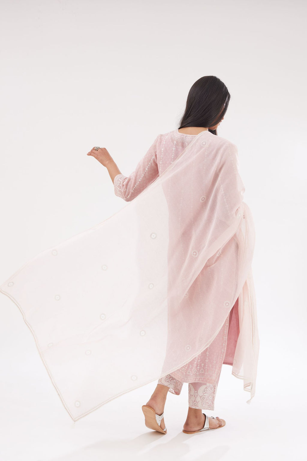 Pink cotton chanderi Dupatta with all-over hand block print and small embroidered butis.