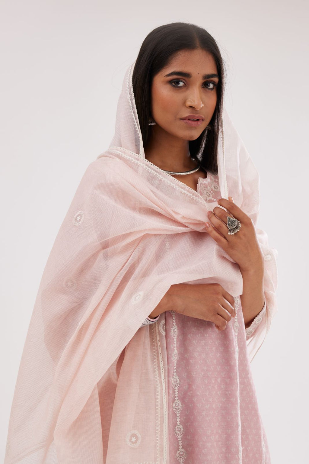 Pink cotton chanderi Dupatta with all-over hand block print and small embroidered butis.