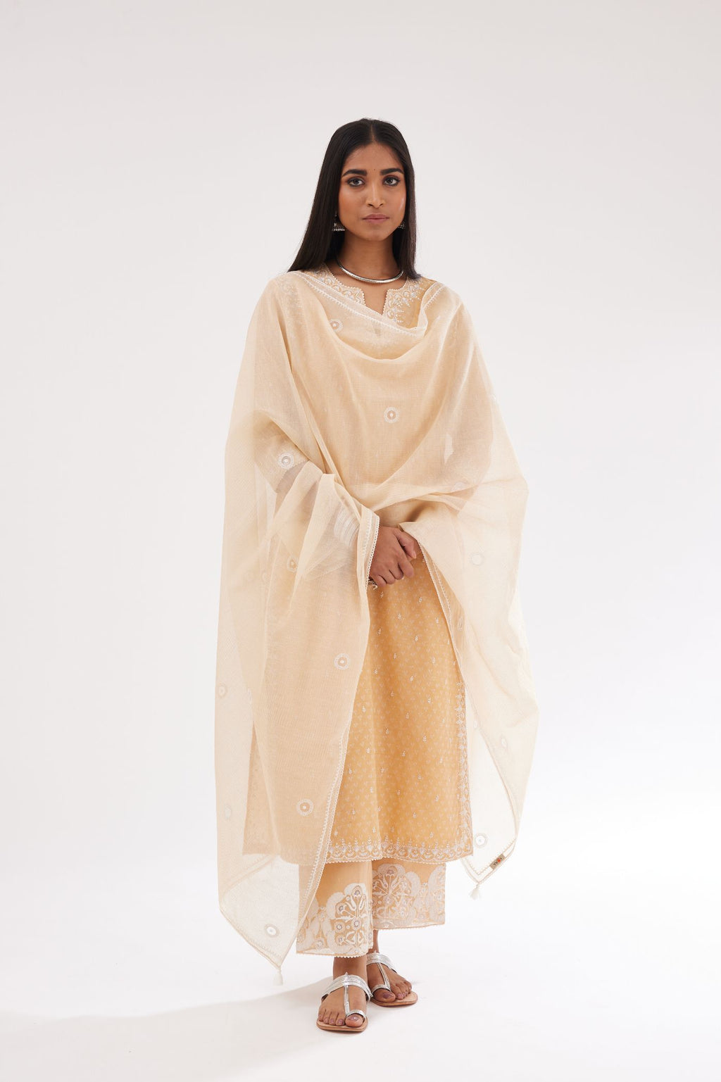 Peach cotton chanderi Dupatta with all-over hand block print and small embroidered butis.