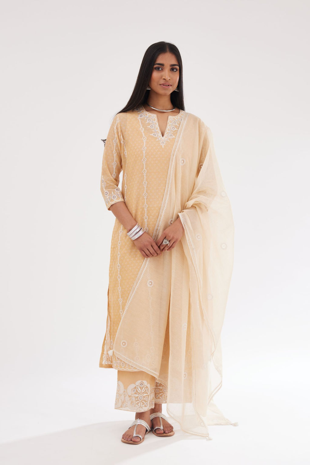 Peach cotton chanderi Dupatta with all-over hand block print and small embroidered butis.