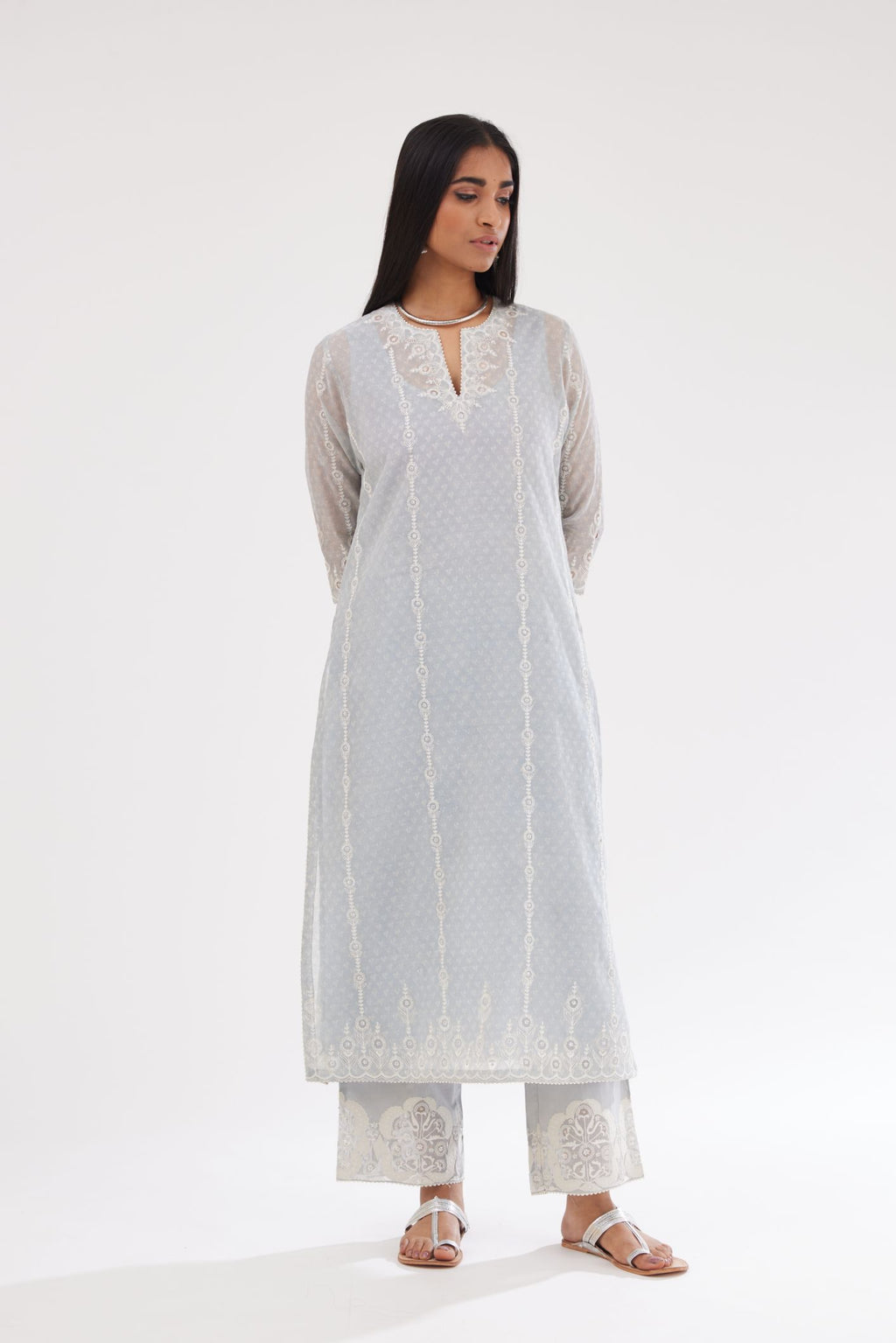 Blue cotton chanderi hand block printed kurta set with dori and silk thread chhari - stripes, all over and heavier butas at hem.