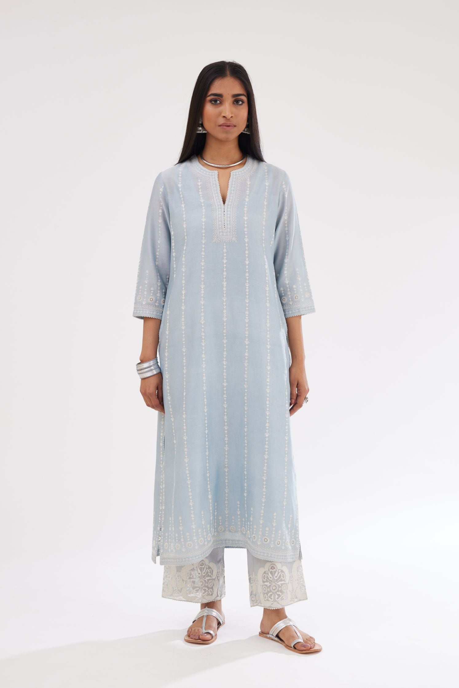 Blue silk chanderi straight kurta set with all over dori and silk thread embroidery.