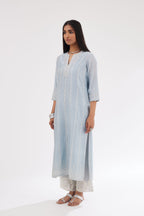 Blue silk chanderi straight kurta set with all over dori and silk thread embroidery.