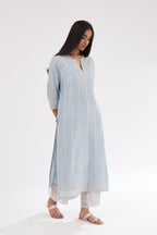 Blue silk chanderi straight kurta set with all over dori and silk thread embroidery.