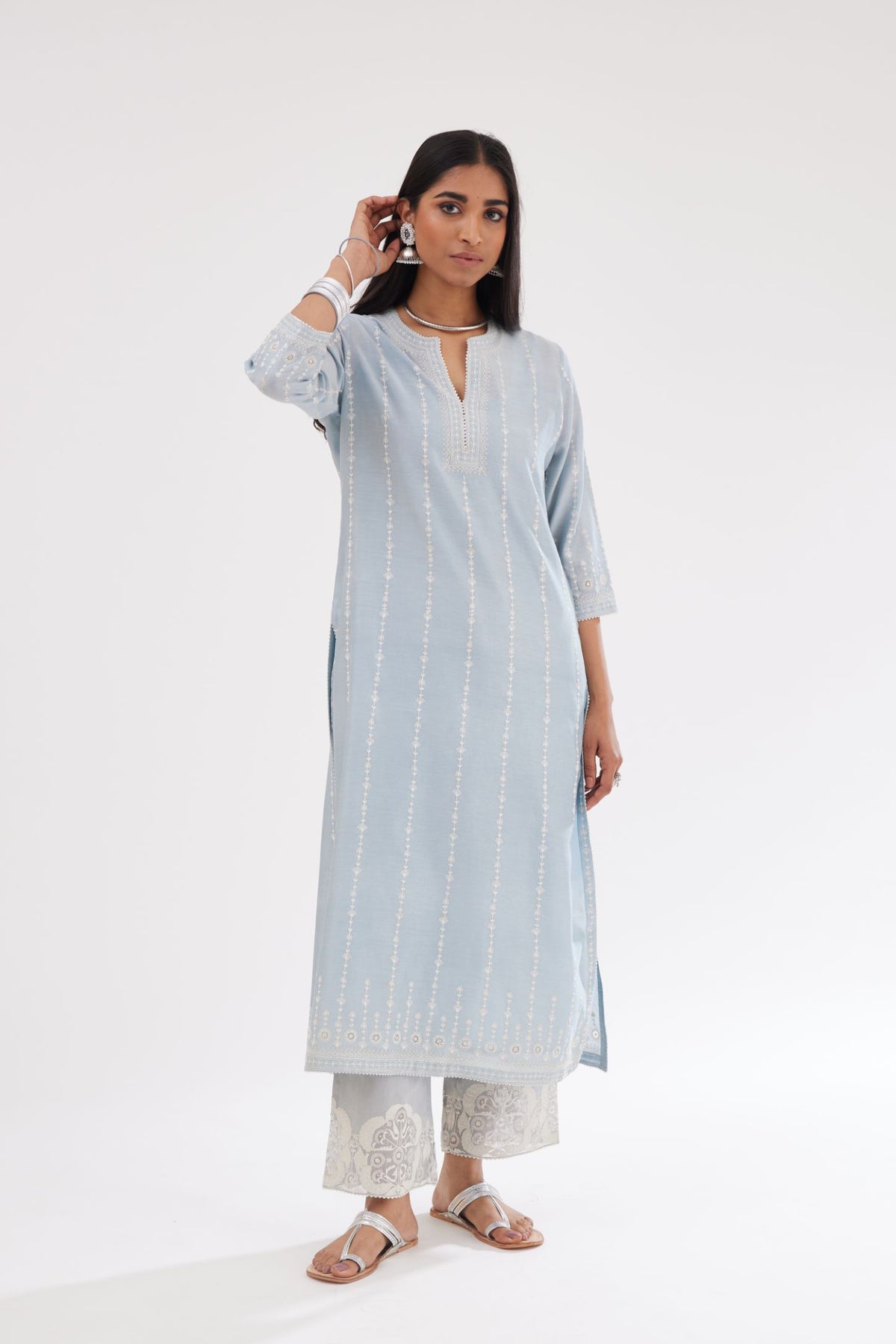 Blue silk chanderi straight kurta set with all over dori and silk thread embroidery.