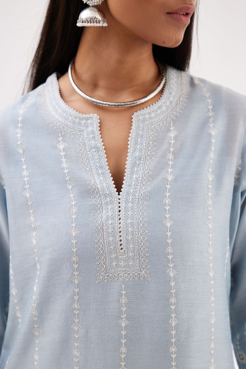 Blue silk chanderi straight kurta set with all over dori and silk thread embroidery.