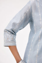 Blue silk chanderi straight kurta set with all over dori and silk thread embroidery.