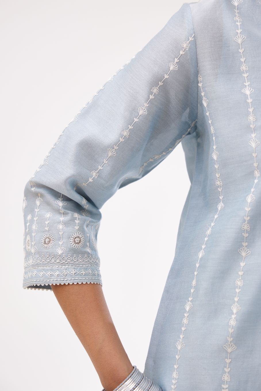 Blue silk chanderi straight kurta set with all over dori and silk thread embroidery.