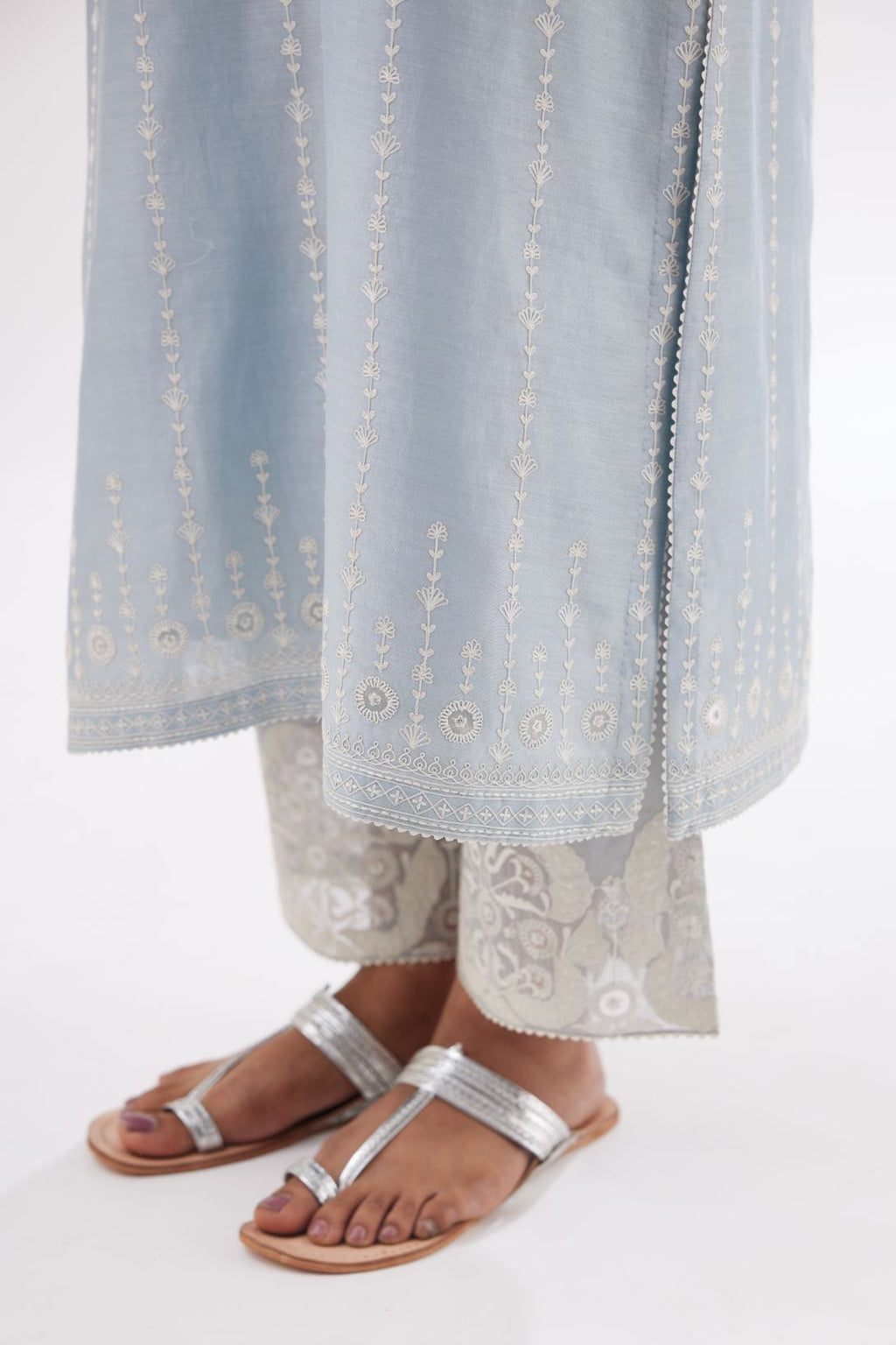Blue silk chanderi straight kurta set with all over dori and silk thread embroidery.