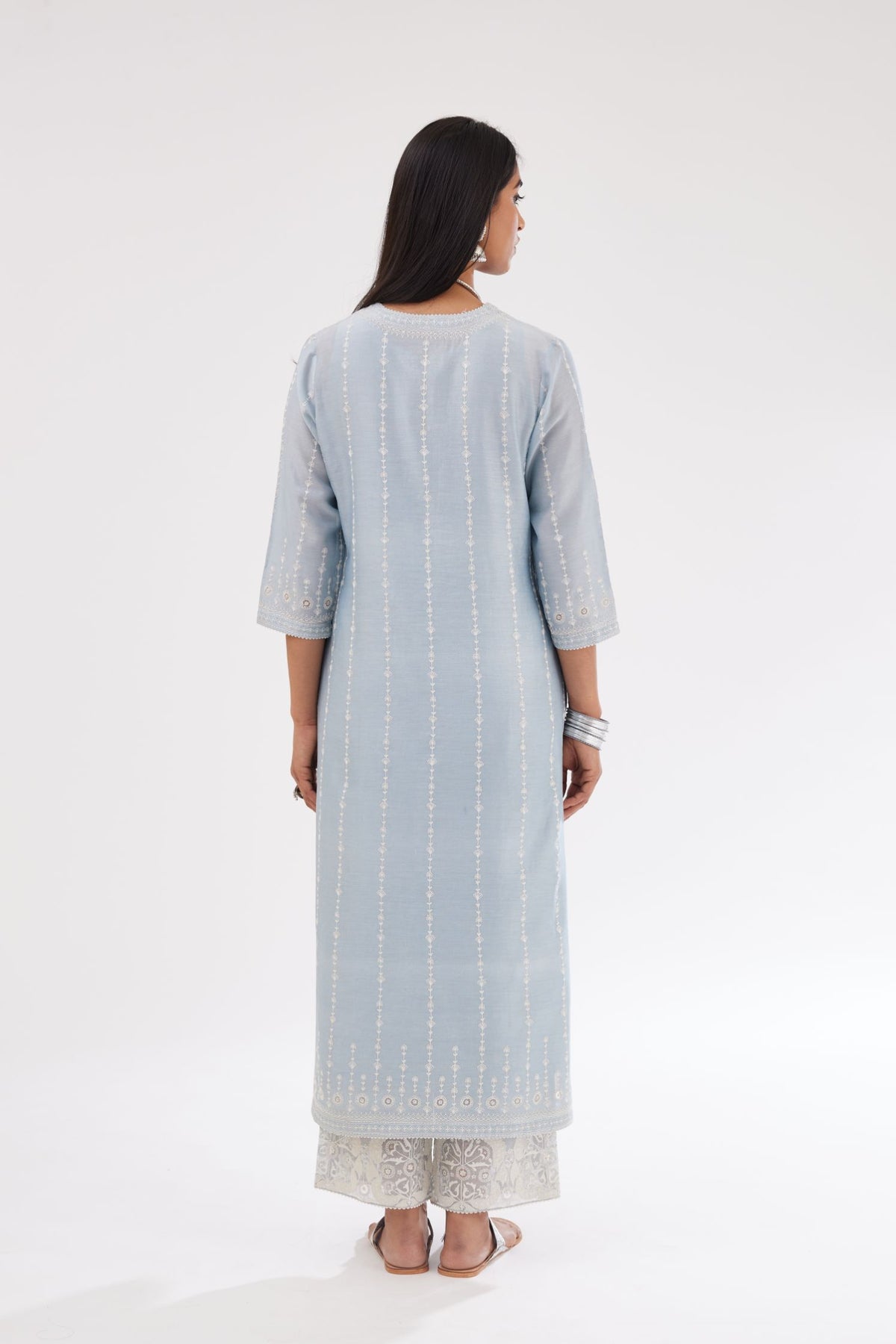Blue silk chanderi straight kurta set with all over dori and silk thread embroidery.