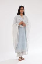 Blue silk chanderi straight kurta set with all over dori and silk thread embroidery.