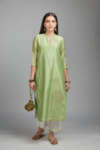Lime green straight kurta set with gold zari embroidery in front and back.