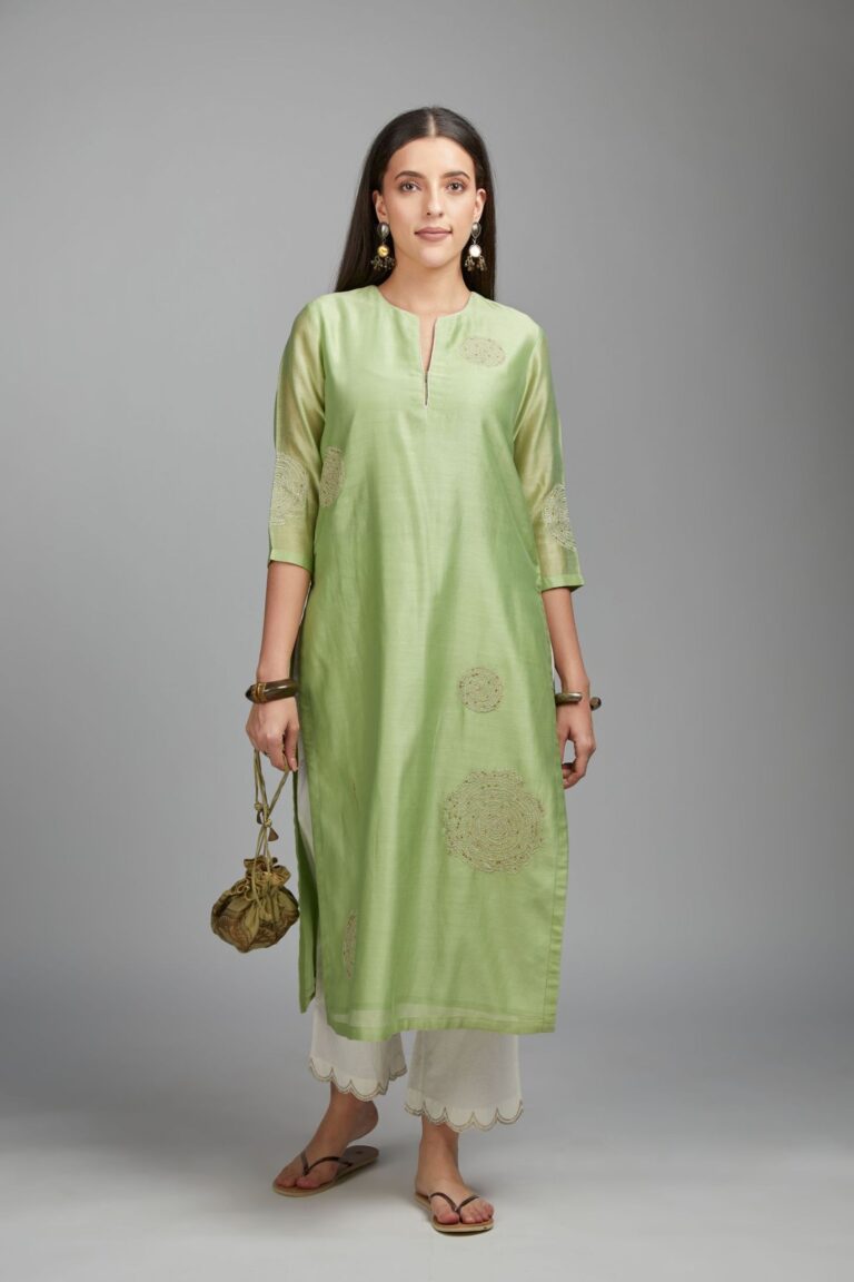 Lime green straight kurta set with gold zari embroidery in front and back.