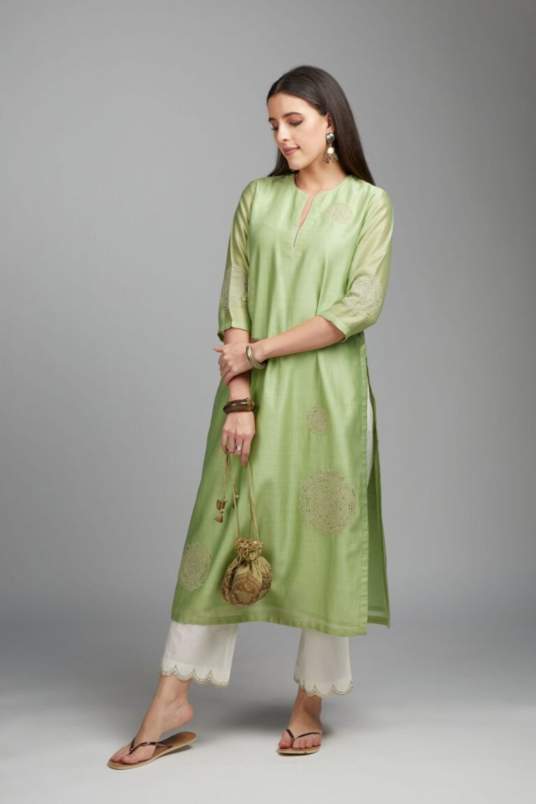 Lime green straight kurta set with gold zari embroidery in front and back.