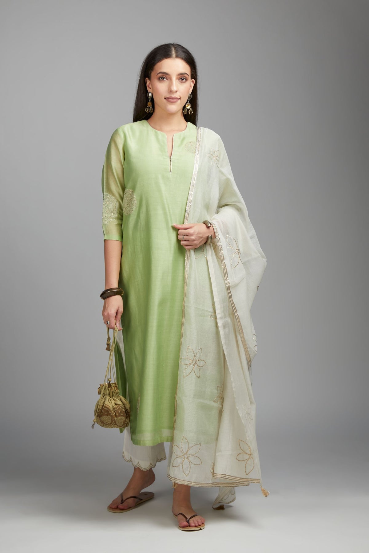 Off white Cotton Chanderi dupatta with all-over gota work