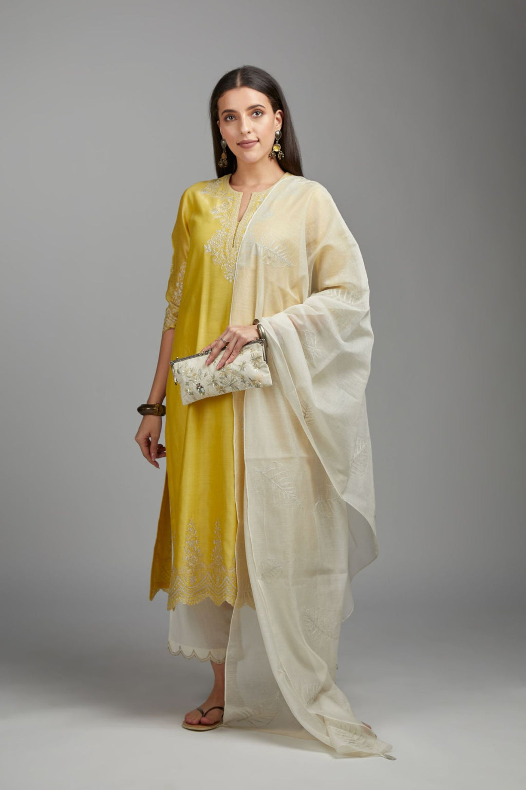 Off white cotton chanderi dupatta with silver zari embroidery