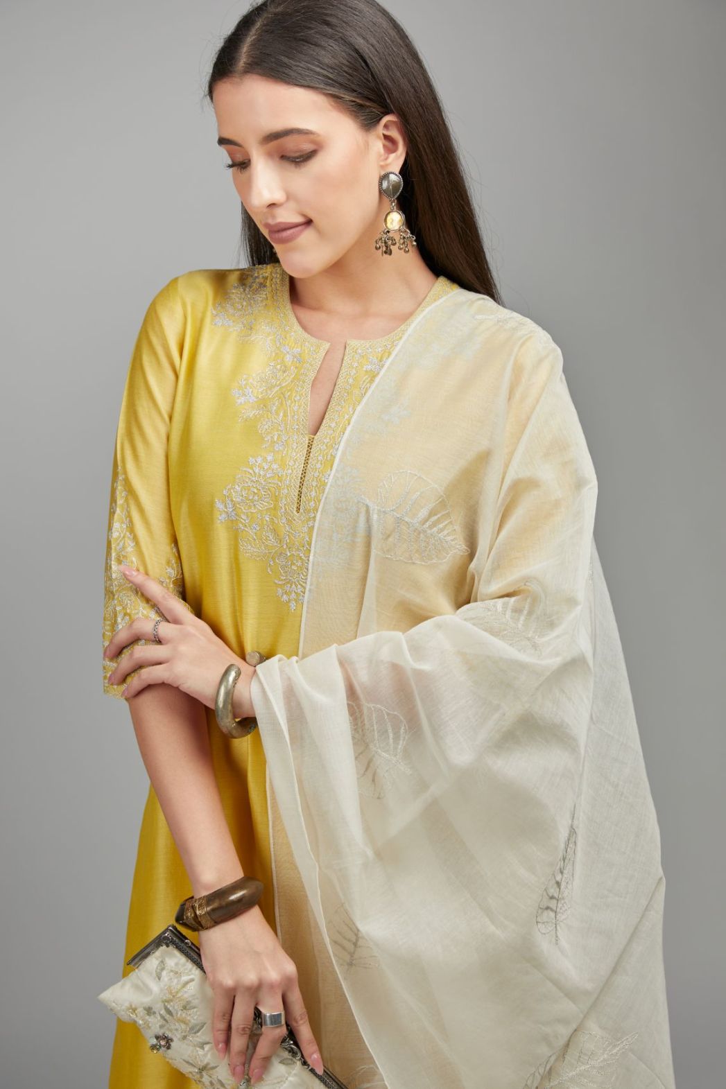 Off white cotton chanderi dupatta with silver zari embroidery