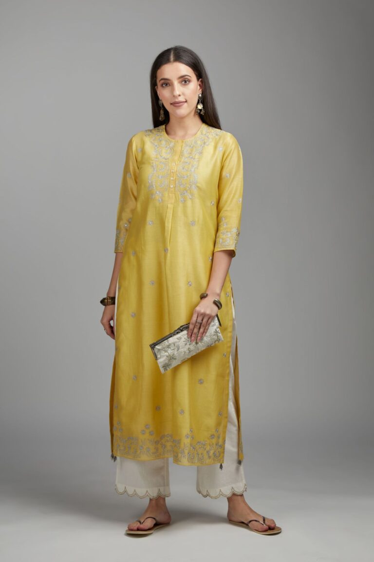 Yellow straight kurta set with silver zari embroidery and round neckline with button placket in the front