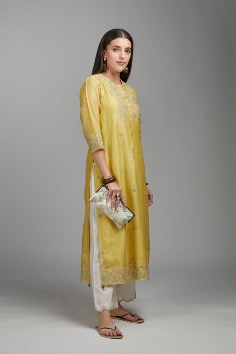 Yellow straight kurta set with silver zari embroidery and round neckline with button placket in the front