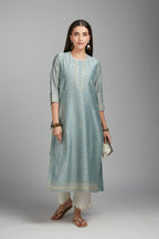 Greenish grey straight kurta set with all-over zari and contrasting thread embroidery