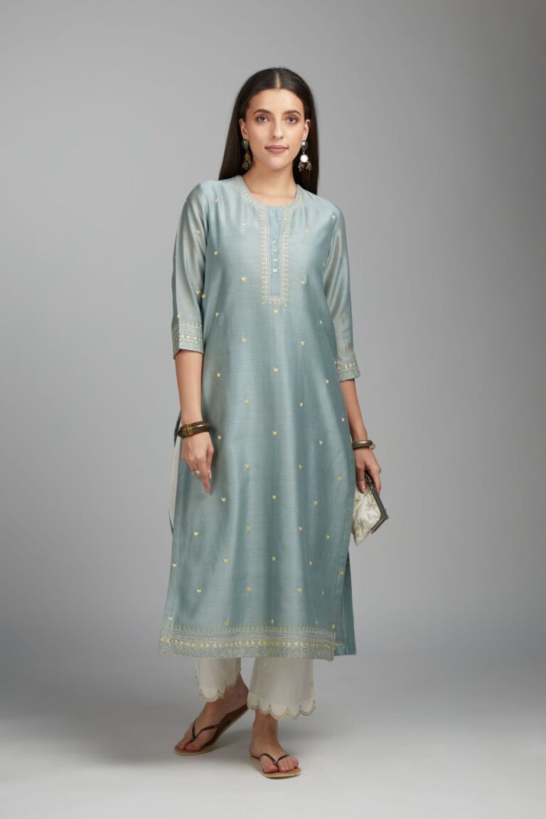 Greenish grey straight kurta set with all-over zari and contrasting thread embroidery