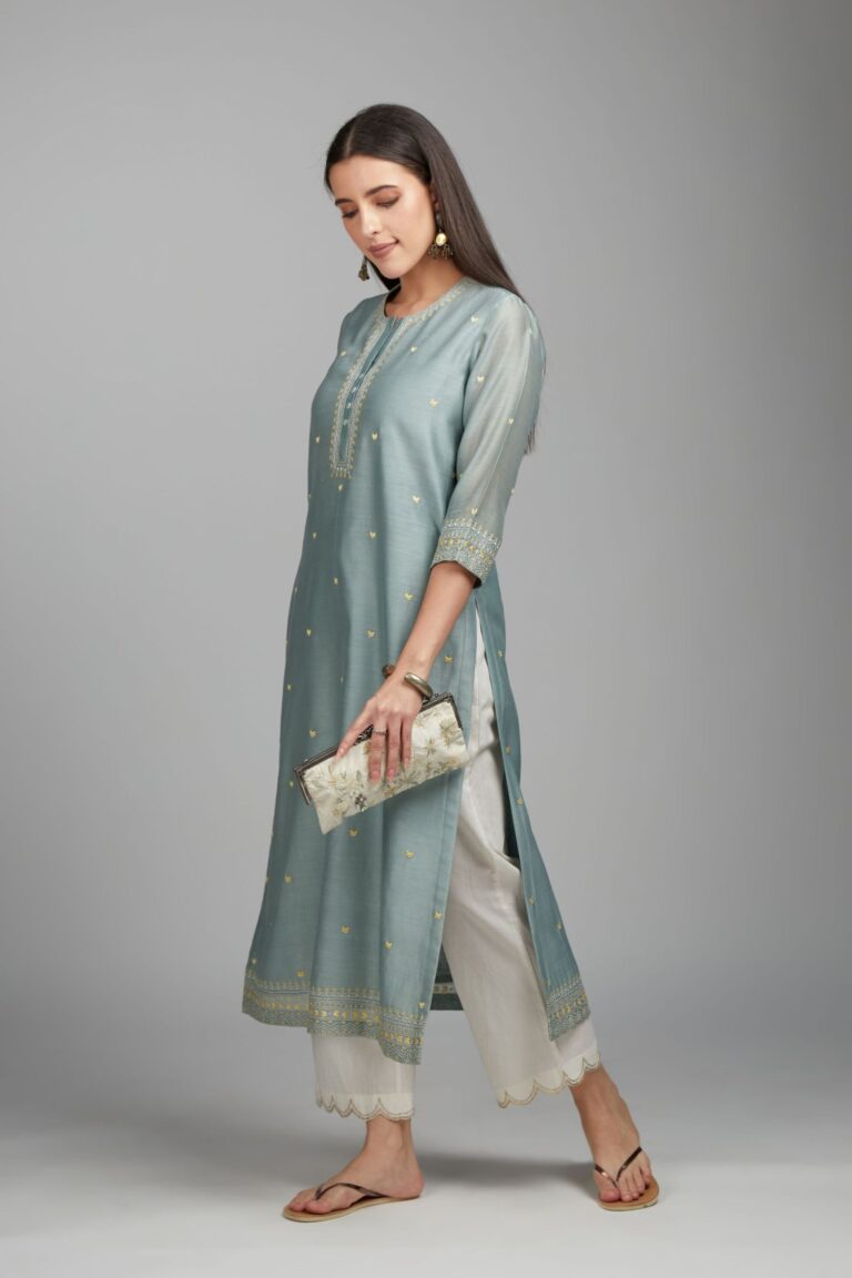 Greenish grey straight kurta set with all-over zari and contrasting thread embroidery