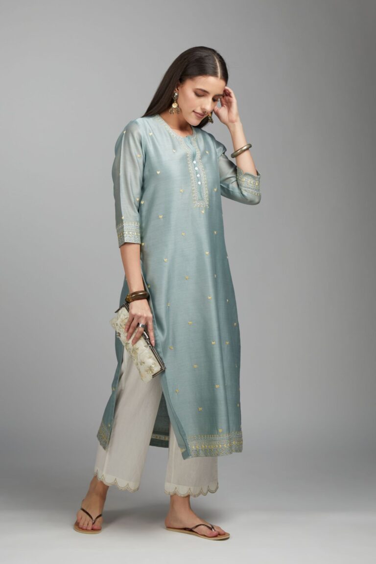 Greenish grey straight kurta set with all-over zari and contrasting thread embroidery