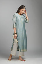 Greenish grey straight kurta set with all-over zari and contrasting thread embroidery