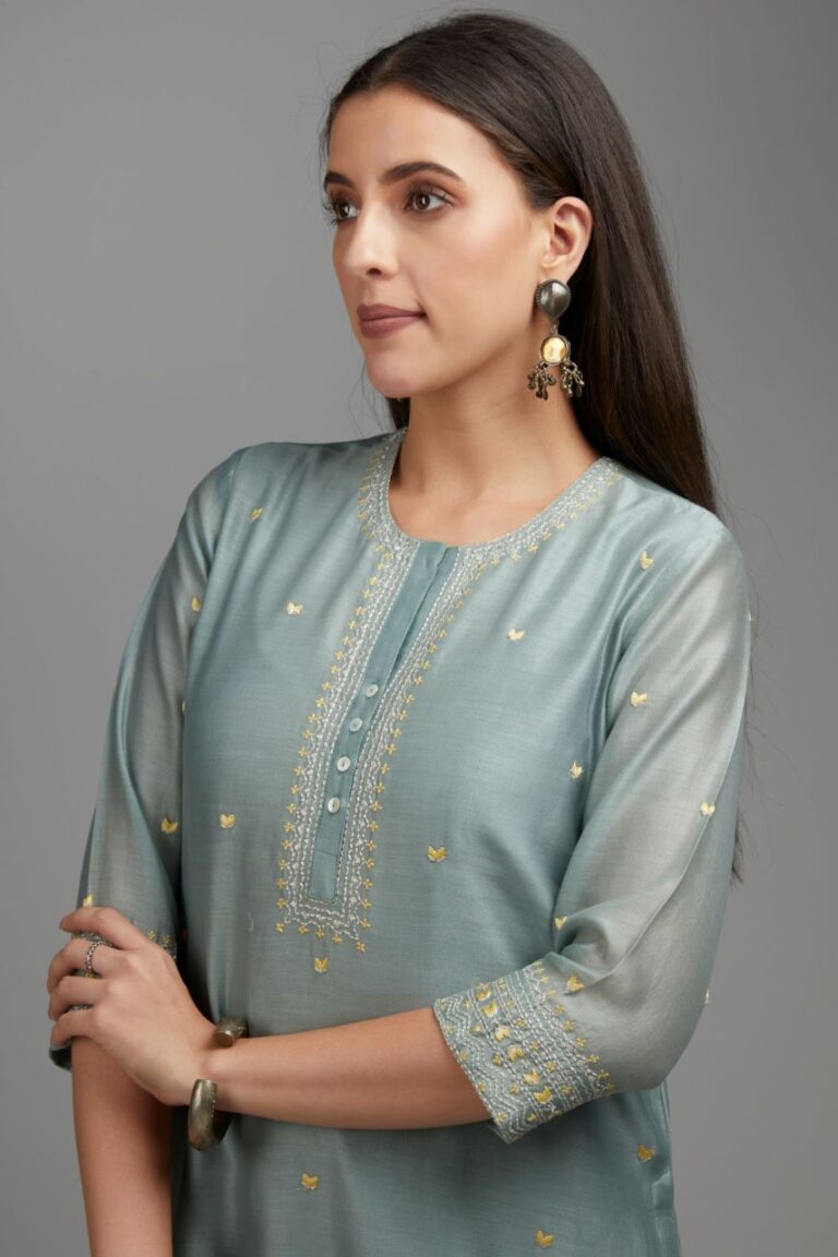 Greenish grey straight kurta set with all-over zari and contrasting thread embroidery