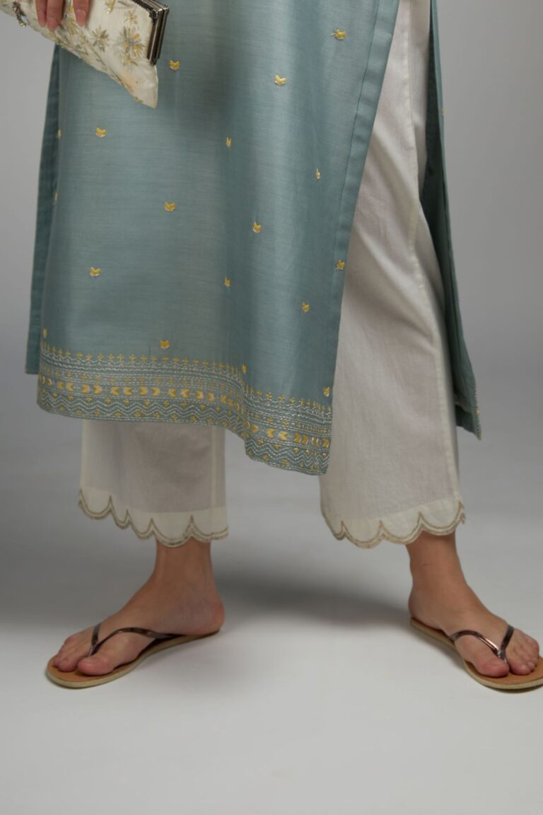 Greenish grey straight kurta set with all-over zari and contrasting thread embroidery
