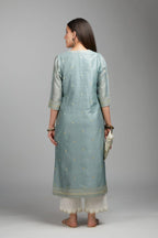 Greenish grey straight kurta set with all-over zari and contrasting thread embroidery