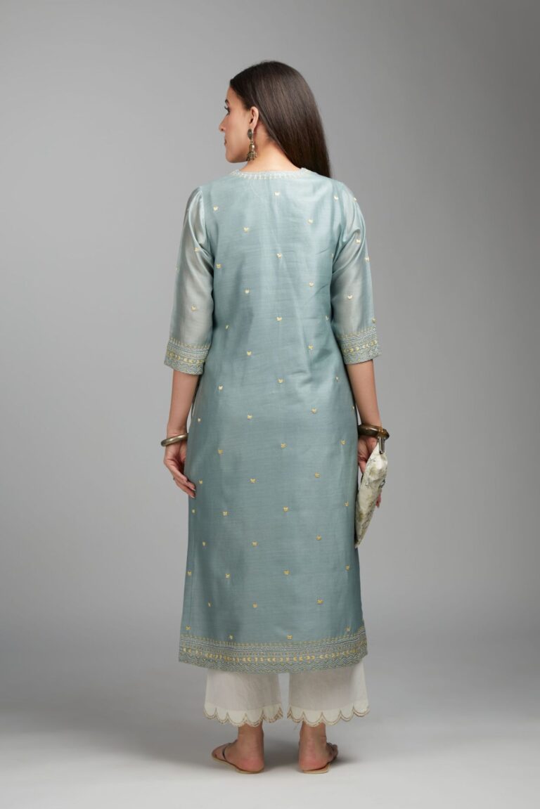 Greenish grey straight kurta set with all-over zari and contrasting thread embroidery