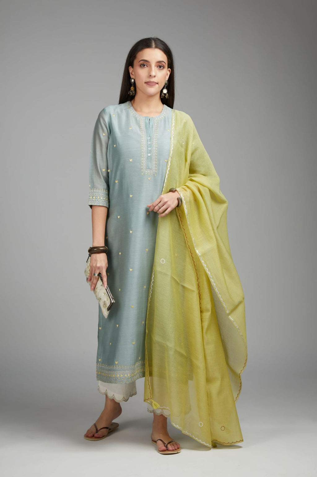 Greenish grey straight kurta set with all-over zari and contrasting thread embroidery