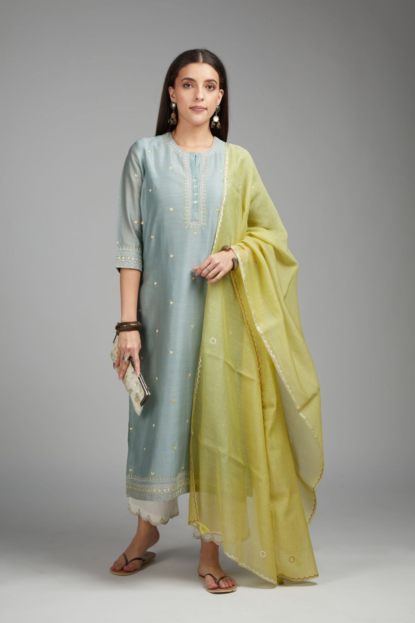 Greenish grey straight kurta set with all-over zari and contrasting thread embroidery