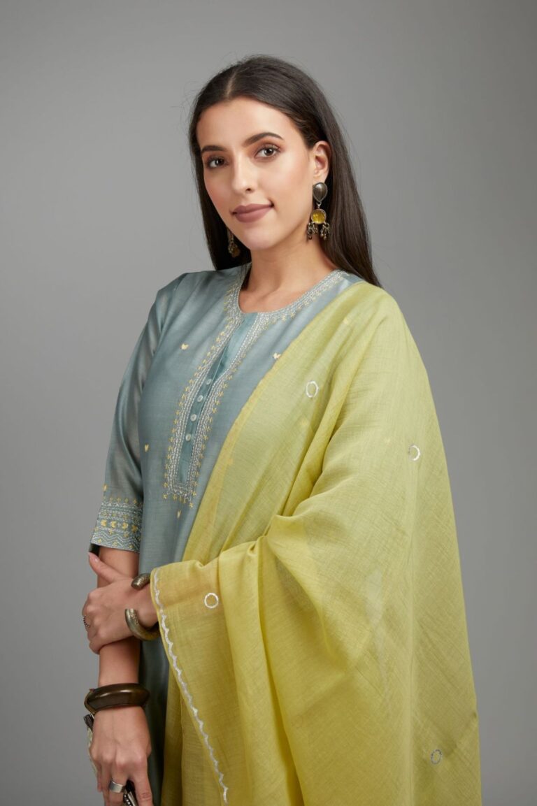 Greenish grey straight kurta set with all-over zari and contrasting thread embroidery