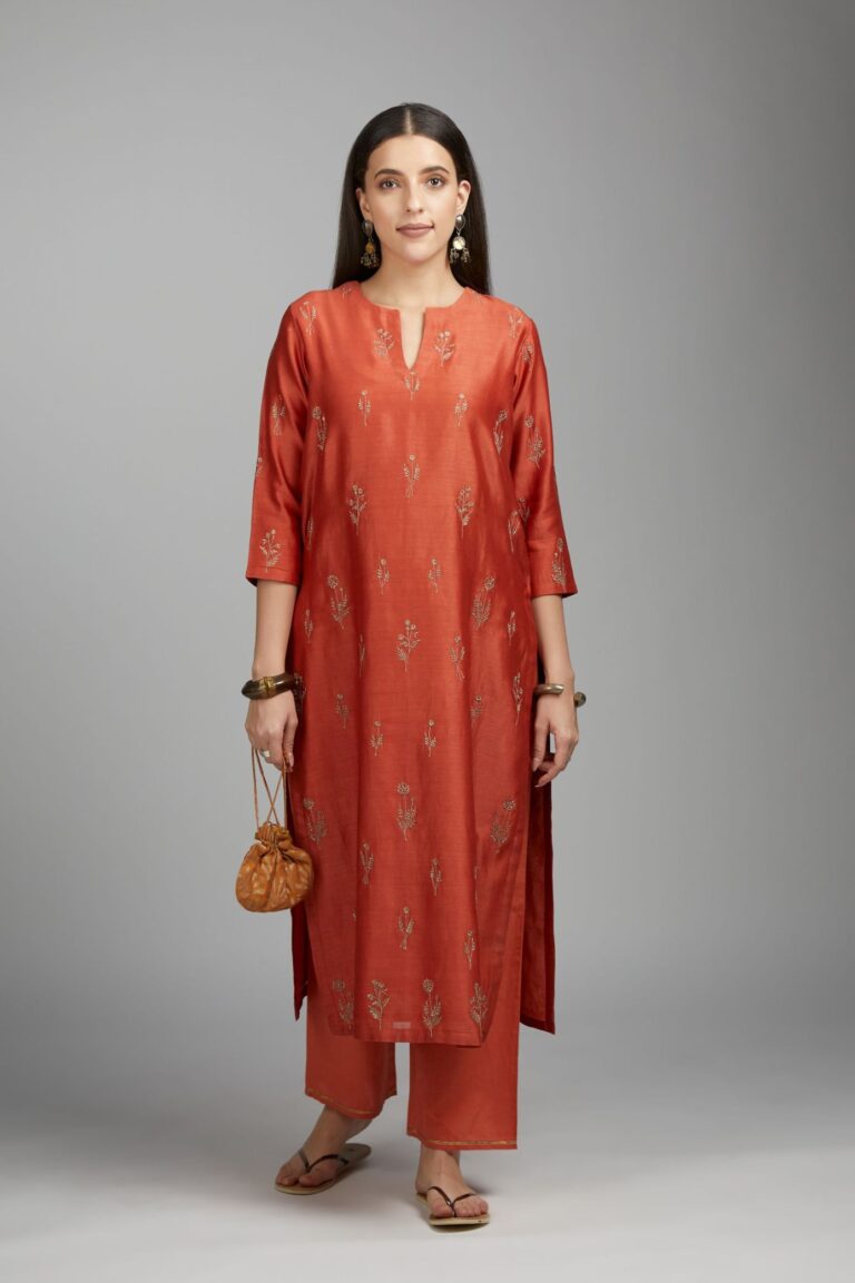Rust straight kurta set with all-over dull gold zari embroidery