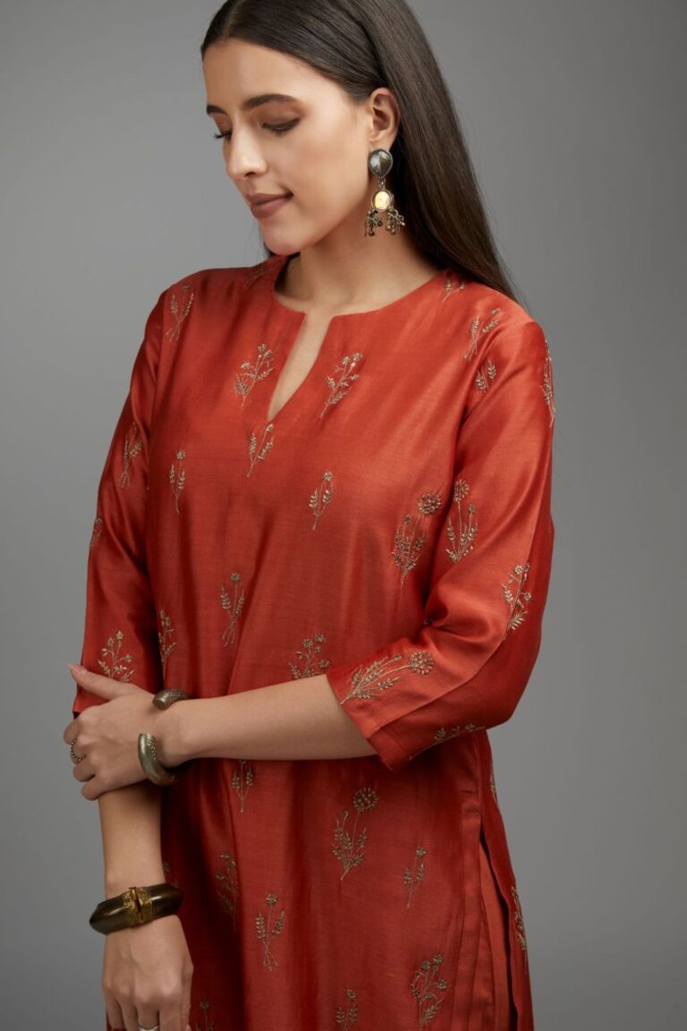 Rust straight kurta set with all-over dull gold zari embroidery