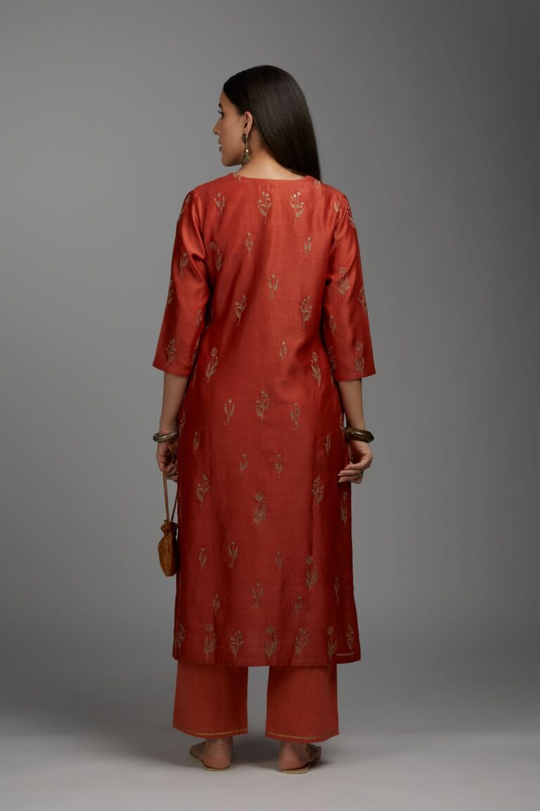 Rust straight kurta set with all-over dull gold zari embroidery