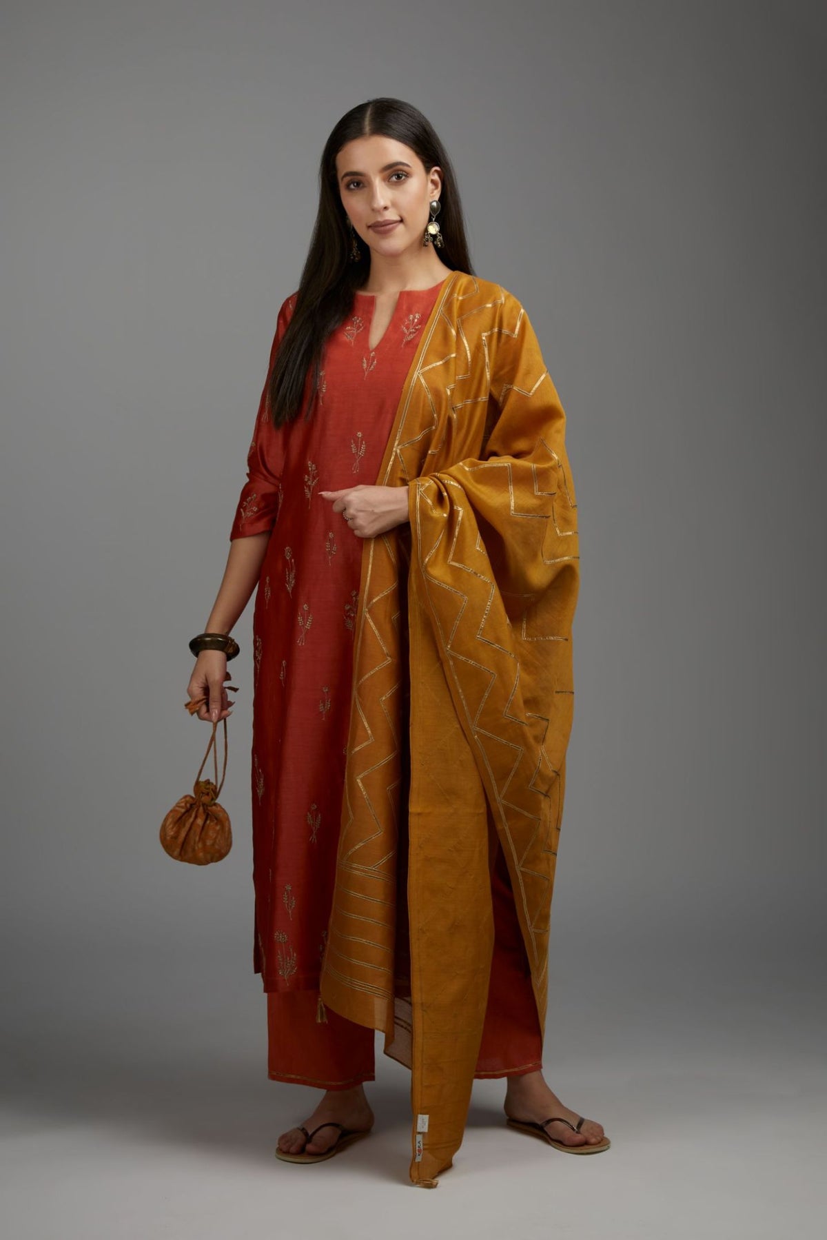 Mustard silk chanderi dupatta with all-over gota work