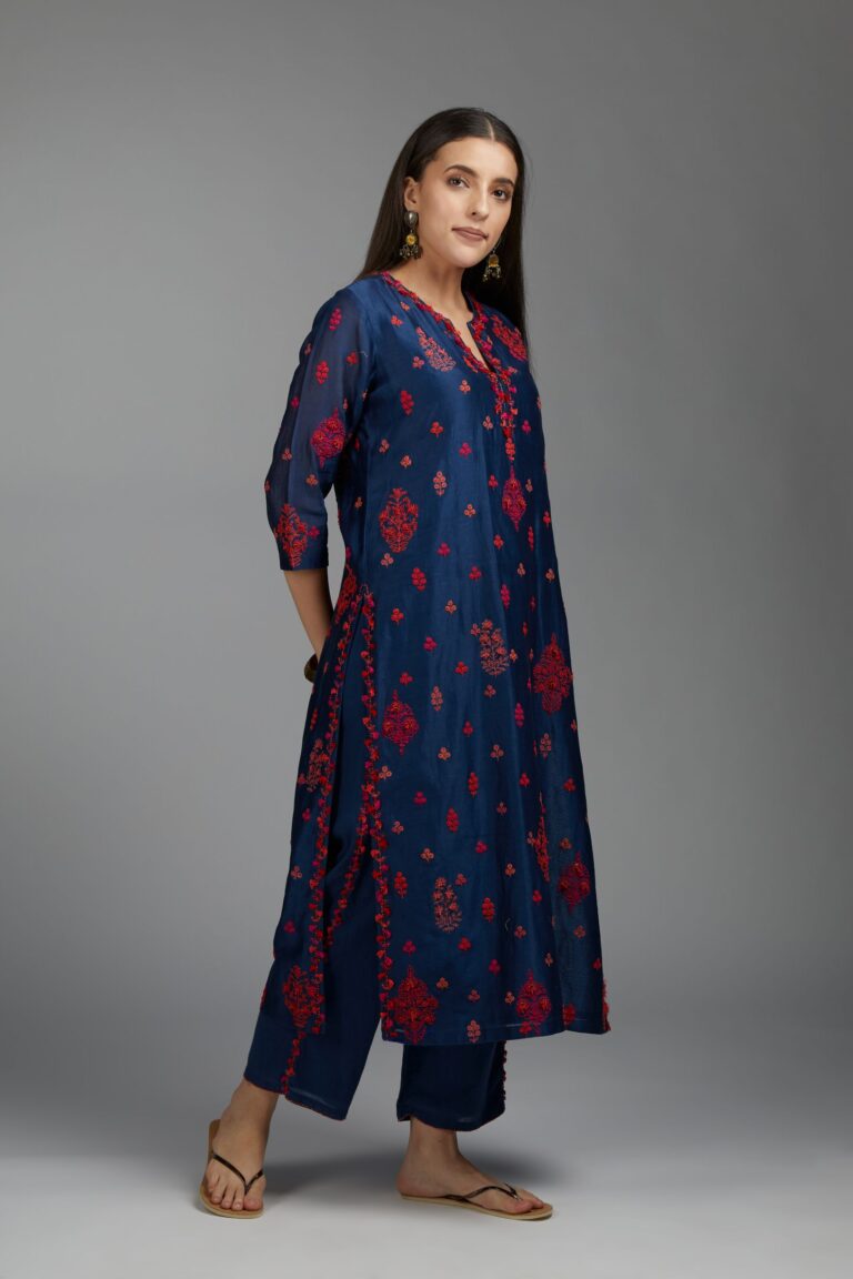 Indigo blue straight kurta set with all-over multi coloured Dori embroidery and delicate bird and tassel detailing