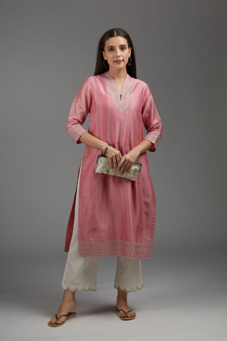 Pink straight kurta set with all-over silver zari embroidery and V neckline with one functional button in front
