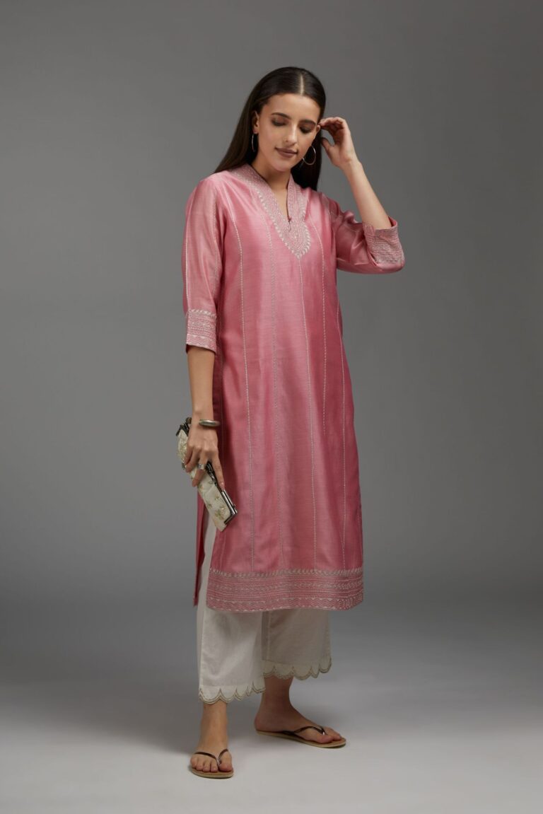 Pink straight kurta set with all-over silver zari embroidery and V neckline with one functional button in front