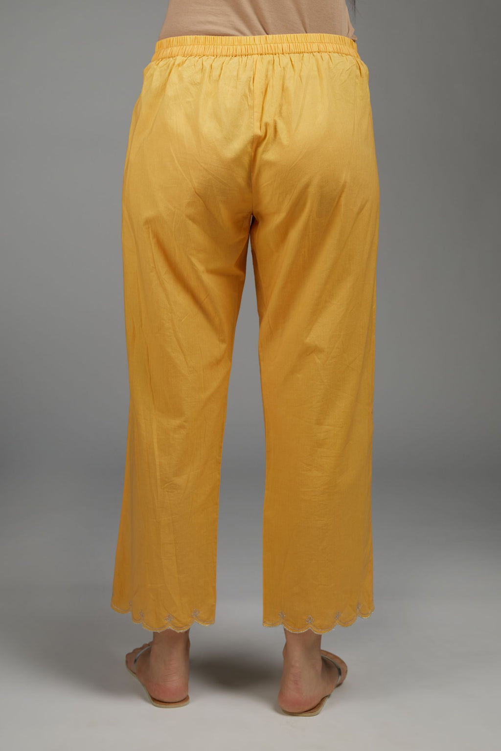 Straight cotton pant with scalloped zari embroidered bottom hem