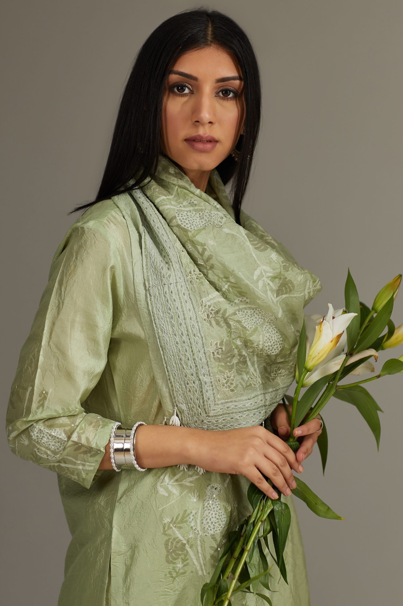 Apple green hand crushed block printed silk square scarf with quilted embroidery and tassels
